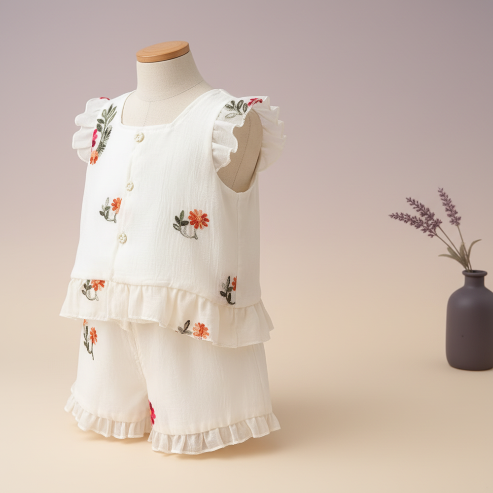 Elunara embroidered two-piece outfit, with a top and shorts, made of soft, breathable fabric, on a pale mauve and warm cream 