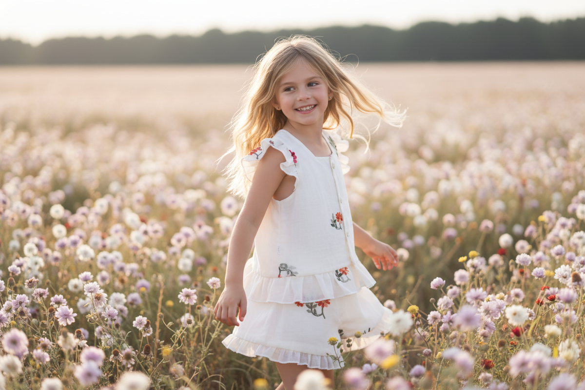 A young girl in a white embroidered two-piece Elunara summer outfit twirls joyfully in a sunlit field of wildflowers.